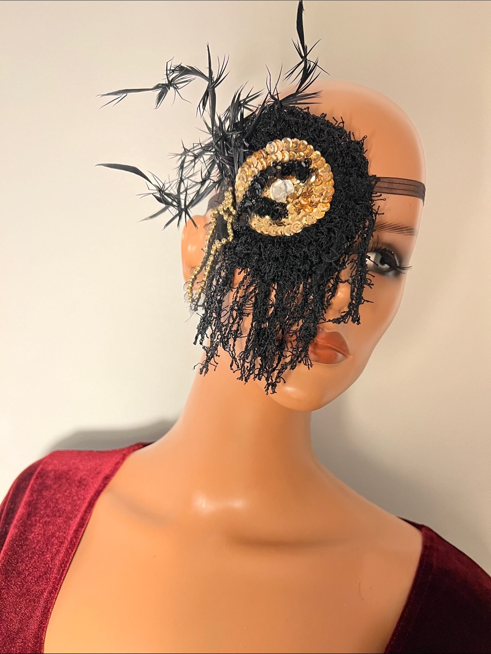 Black and Gold Feathered Eye Mask Headpiece by